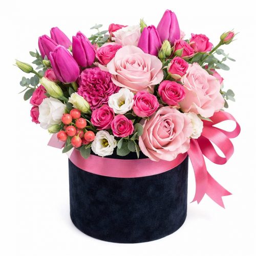 Цветы в шляпной коробке «Фламинго»